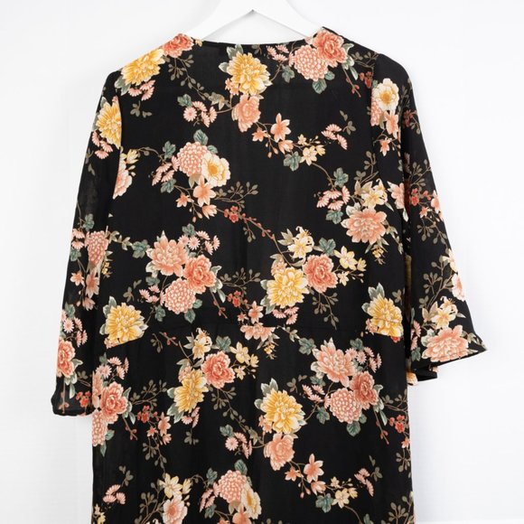 FOREVER 21 Contemporary black floral cardigan full length long kimono size S - Picture 7 of 10